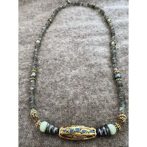 Labradorite Beaded Necklace Boho Artisan Enamel Barrel Bead Gold Tone